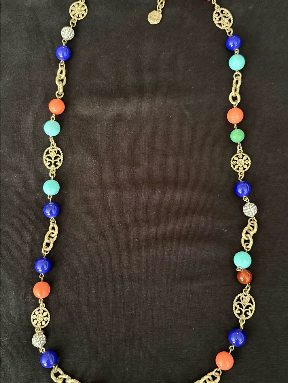 RJ Graziano multi colorbeads and gold plated filigree necklace.
